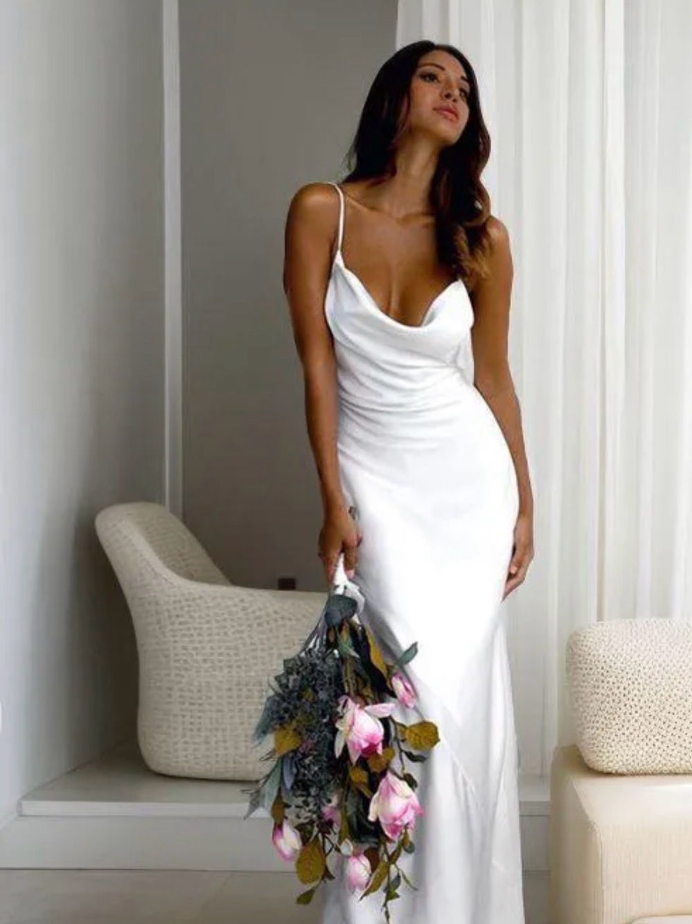 Elegant White Satin Slip Dress with Cowl Neck